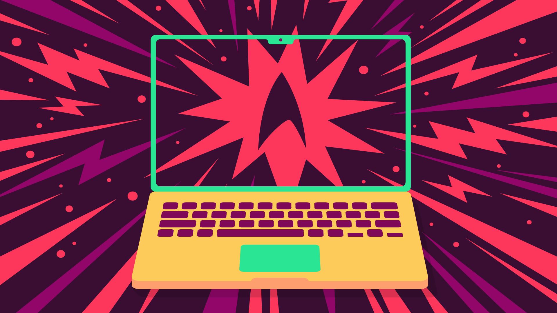 Illustration of a laptop with the Star Trek delta on the screen and lightning bolts radiating from the device