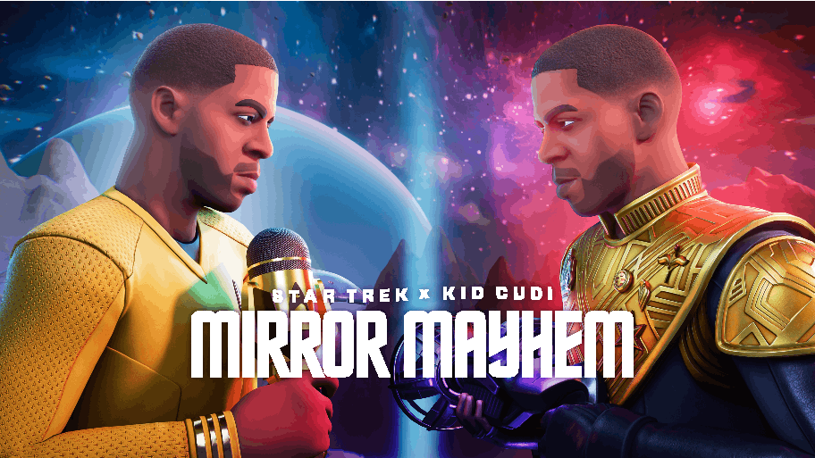 Star Trek x Kid Cudi: Mirror Mayhem logo in between two Fortnite versions of Kid Cudi