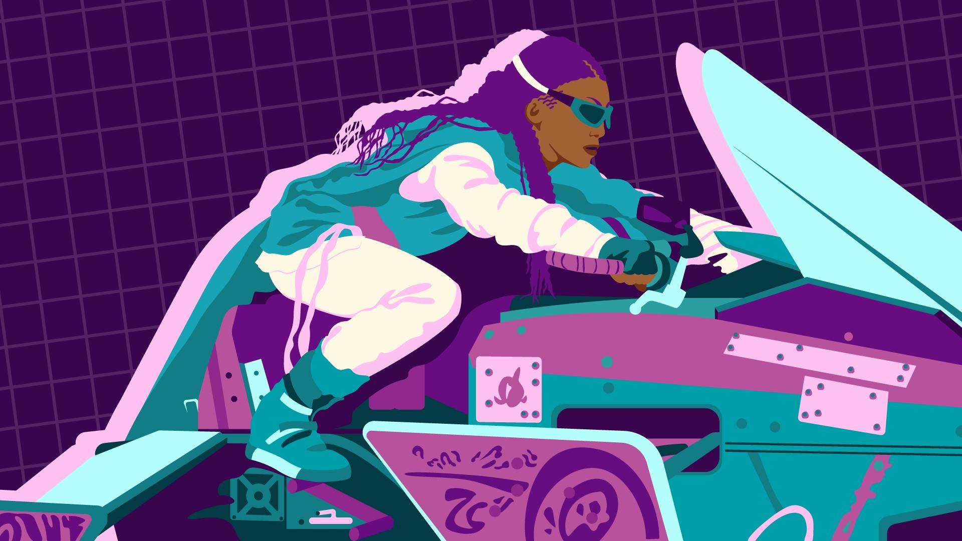 Graphic illustration of Captain Michael Burnham riding a racer vehicle in 'Red Directive'