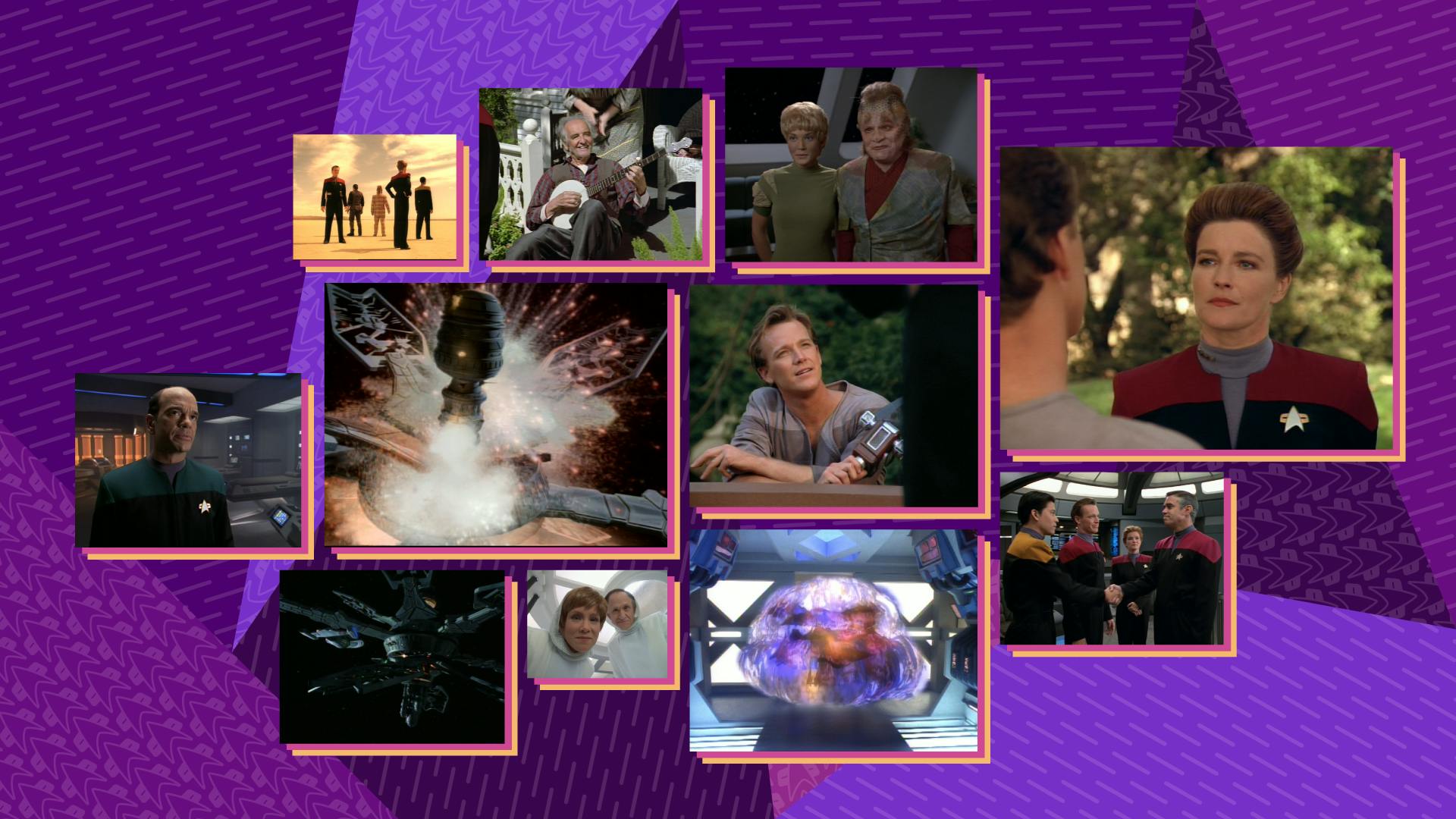 Collage of episodic stills from Star Trek: Voyager's premiere episode 'Caretaker'