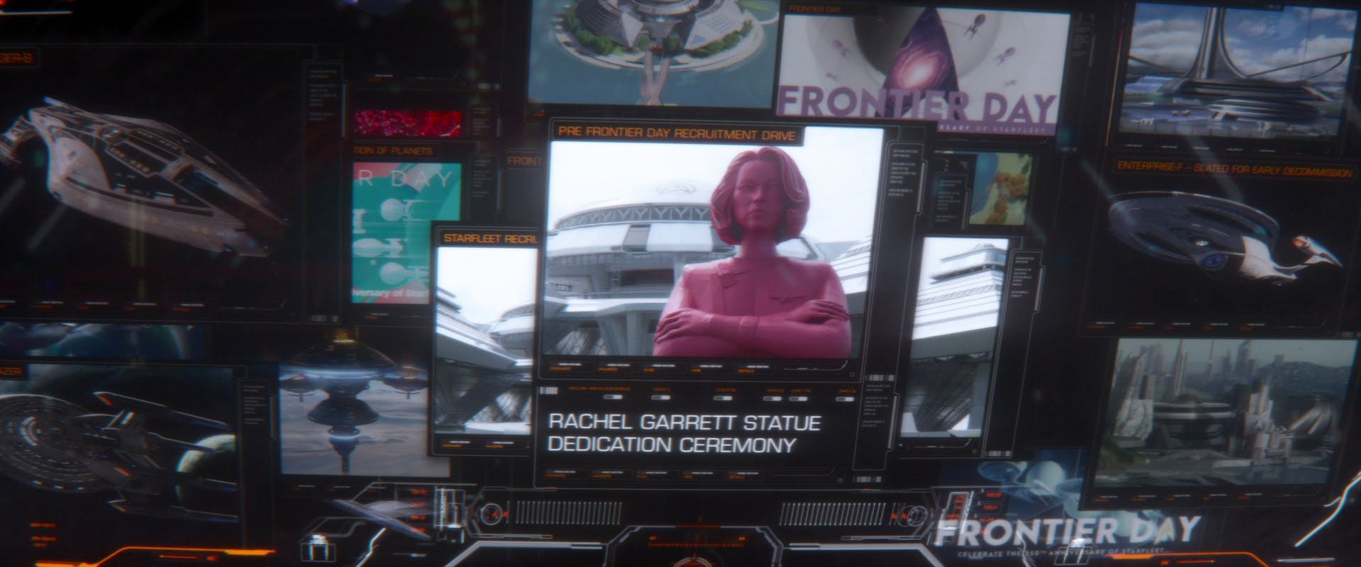 Aboard La Sirena, Raffi Musiker follows the lead of the Red Lady and finds the statue of a Rachel Garrett at its dedication ceremony at Starfleet's Recruitment campus in 'The Next Generation'