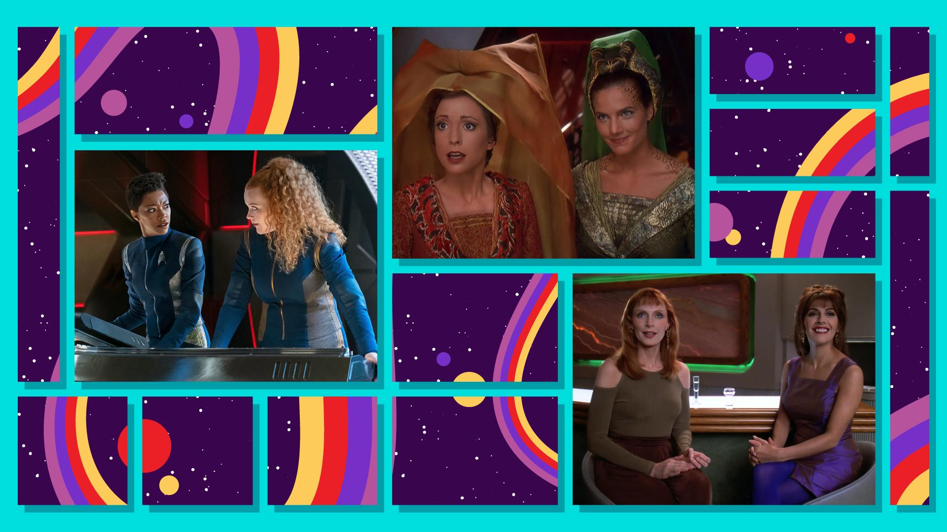 Illustrated collage featuring Star Trek's top friendships — Burnham/Tilly, Kira/Dax, and Beverly/Deanna