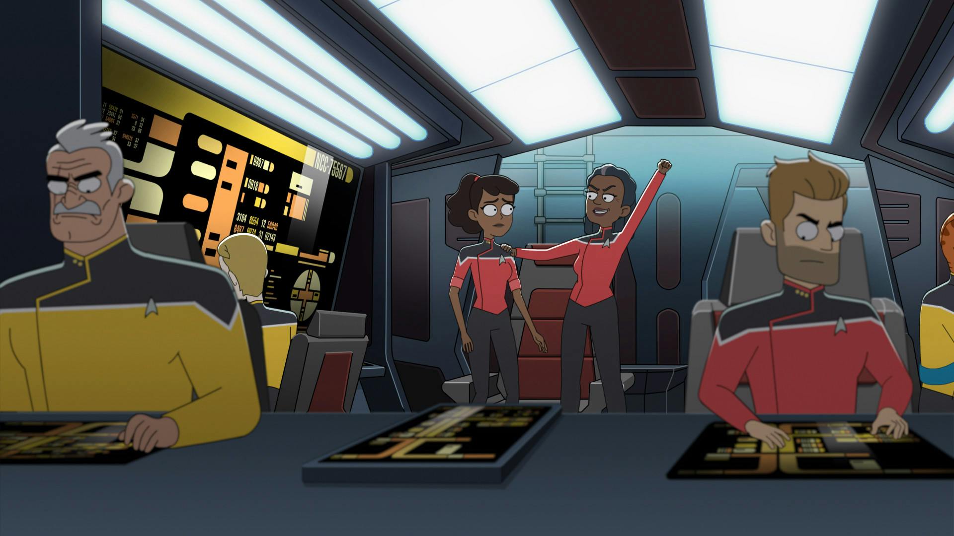 The Cerritos senior crew at their statioins aboard an Orion warship as Captain Freeman cheers having successfully reunited with her worried daughter Mariner in 'Old Friends, New Planets'