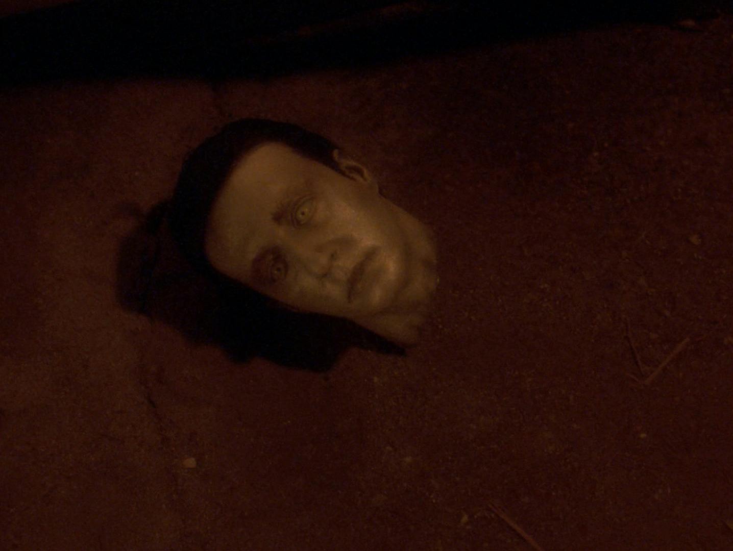 Data's detached head lays in a pile of dirt under a cave on Earth for several hundred years in 'Time's Arrow, Part II'