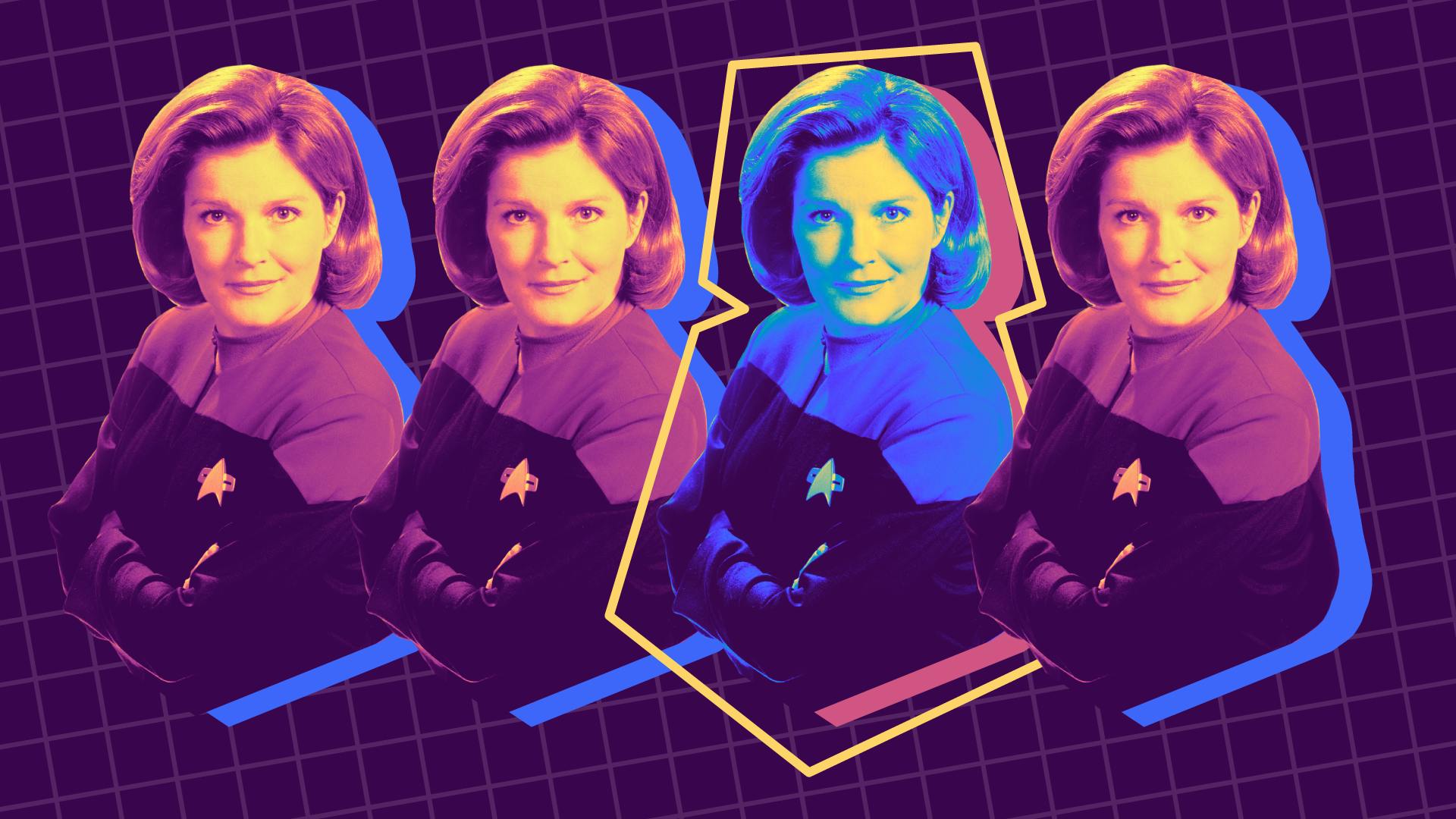 Stylized and filtered photo of a repeating series of Captain Janeway with her arms crossed