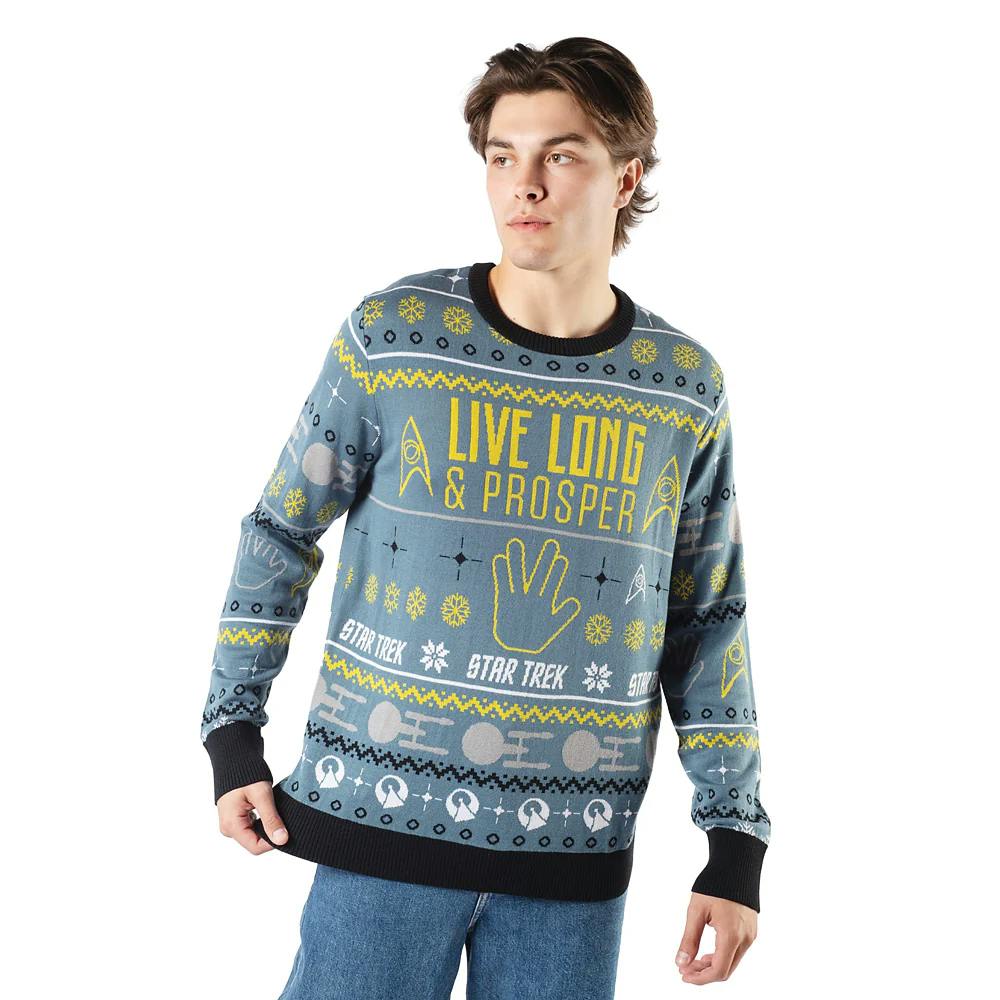 Male model wearing the 2023 'Live Long & Prosper' Holiday Knitted Sweater