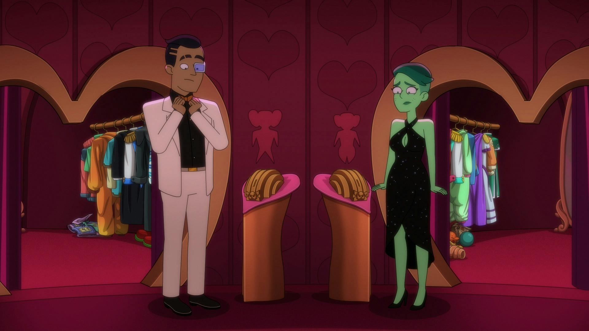 Rutherford and Tendi emerge from adjacent changing rooms in the Ferengi honeymoon suite, uncertain with their formal attire in 'Parth Ferengi's Heart Place'