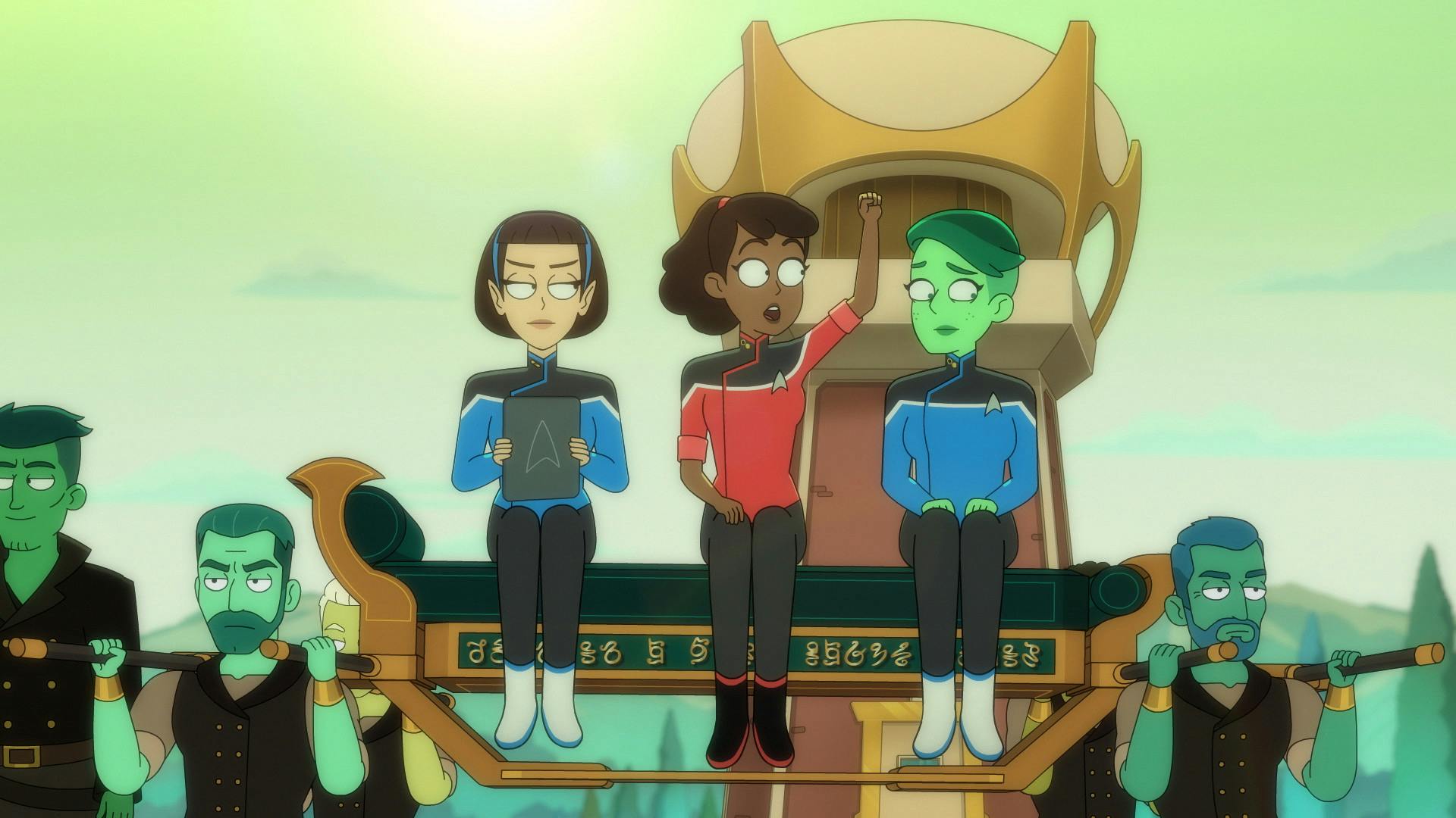 At Tendi's family estate on Orion, valets carry T'Lyn who holds her PADD, Mariner who raises her arm up to cheer, and an uncomfortable Tendi on a sedan chair in 'Something Borrowed, Something Green'