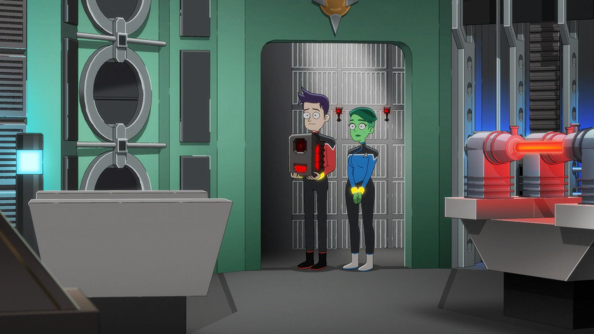 The tied up Boimler and Tendi accompany Agimus in search of Peanut Hamper aboard the Tyrus Viia Station in 'A Few Badgeys More'