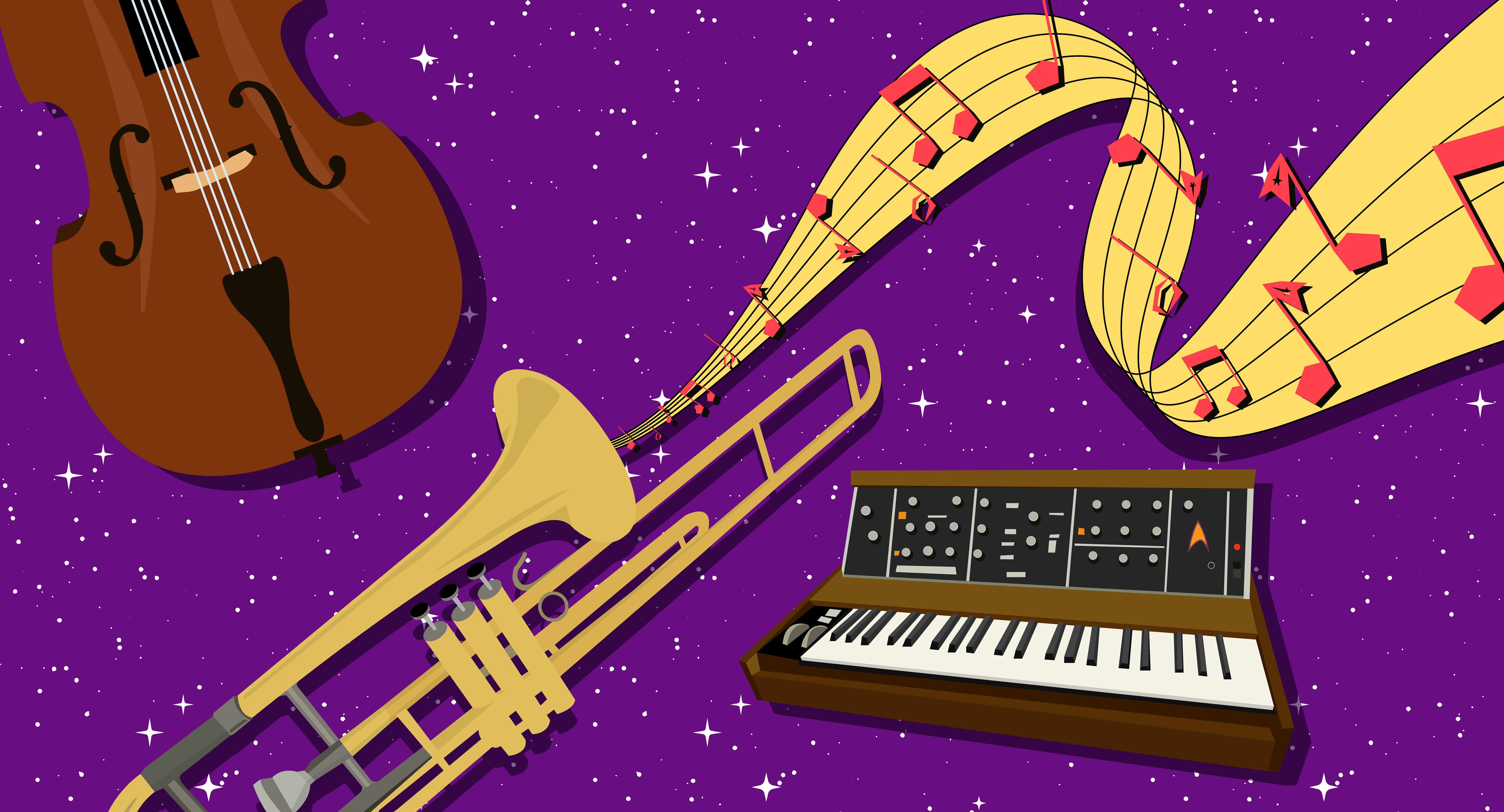 Graphic illustration of a violin, keyboard with a delta, and trumpet with music notes flowing out of it