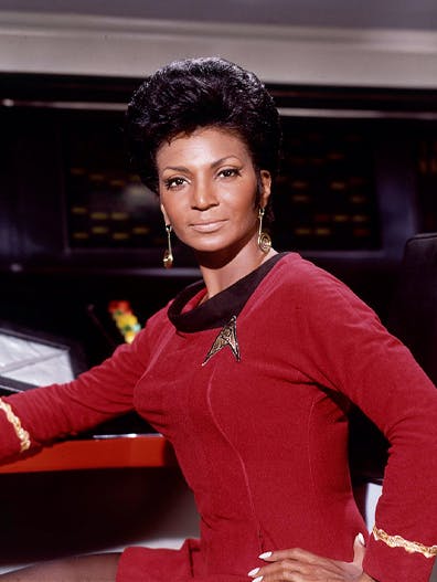 Nyota Uhura at her station on the bridge of the U.S.S. Enterprise in Star Trek: The Original Series