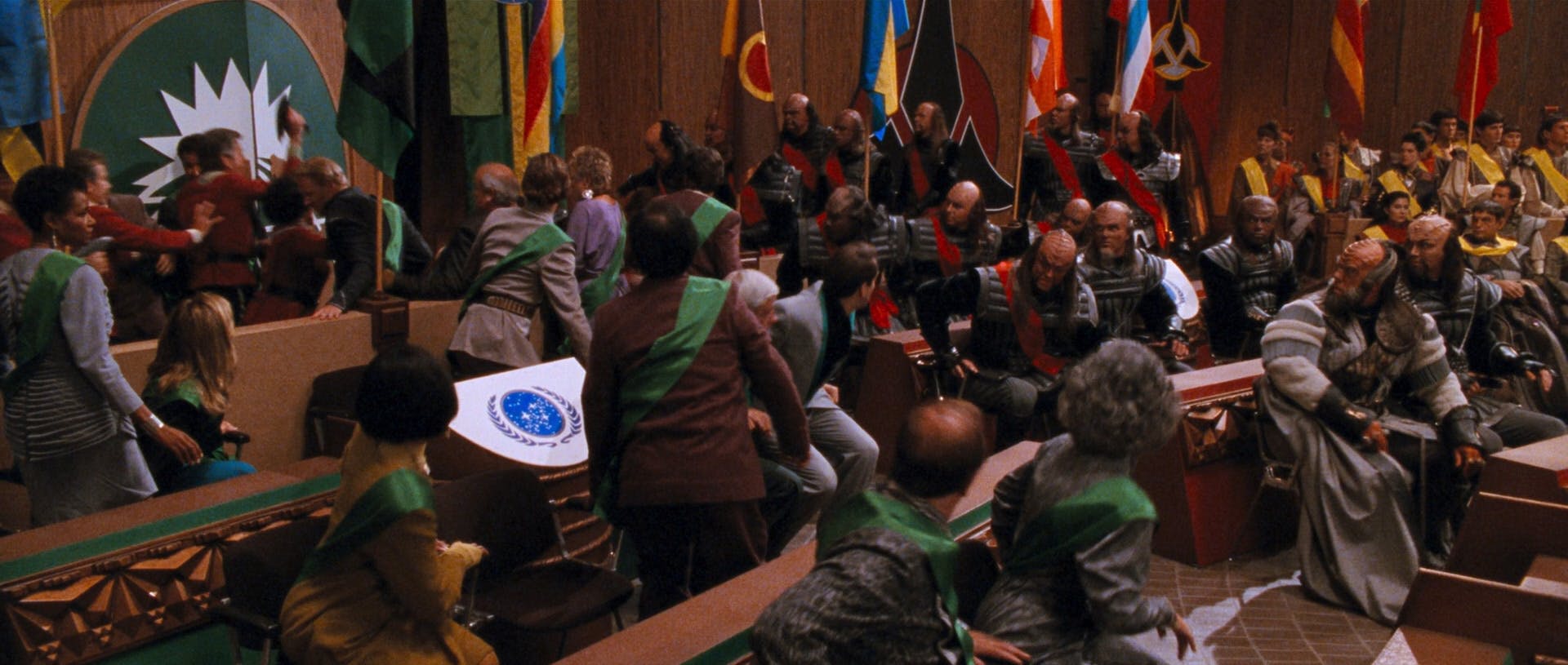 A scuffle at the Khitomer conference reveals a Federation conspiracy and would-be assassination attempt in Star Trek VI: The Undiscovered Country