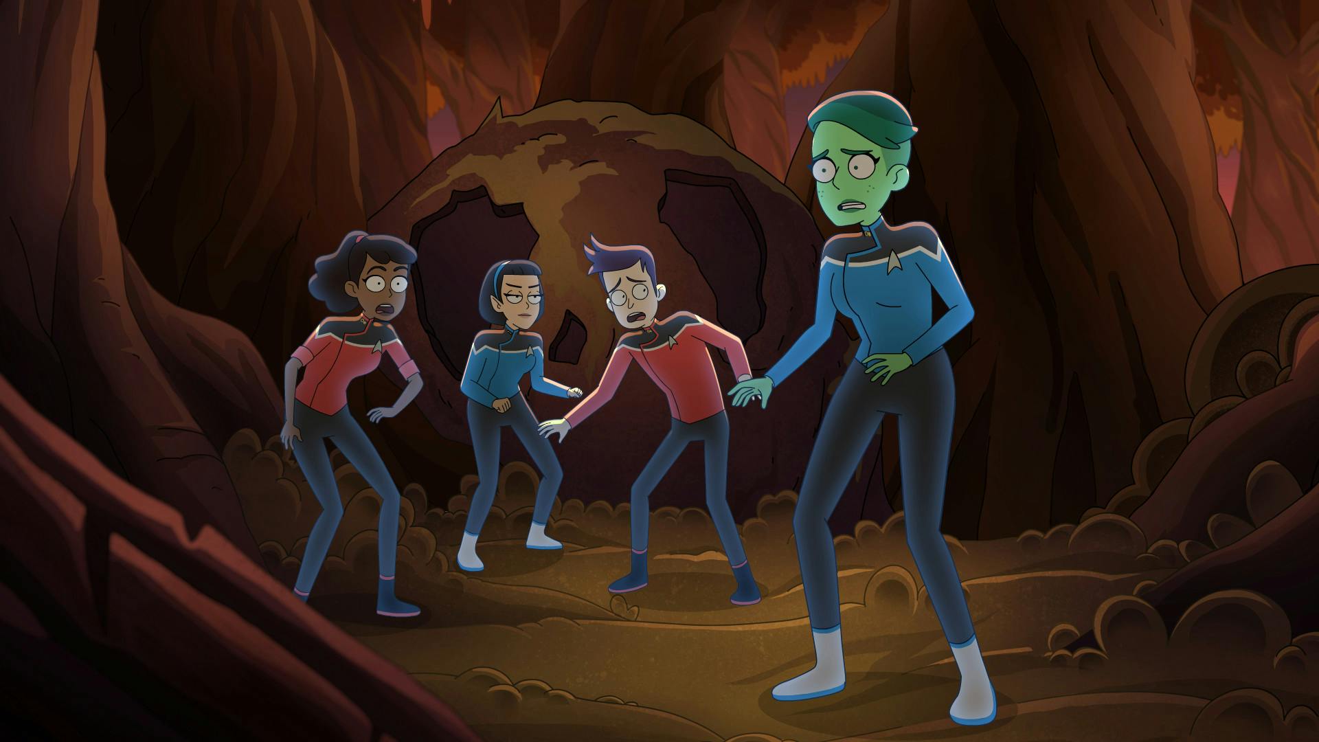 Confusion spreads among the crew as Mariner, T'Lyn, Boimler, and Tendi are beamed down and marooned on the planet Sherbal V in 'The Inner Fight'