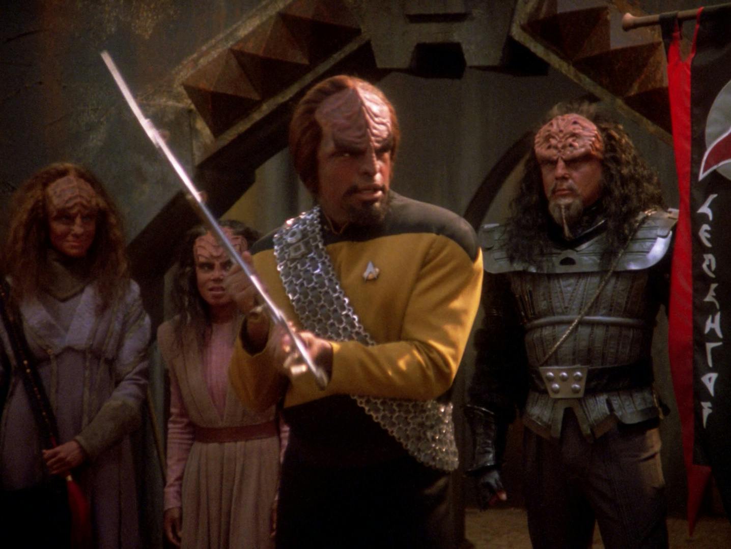 Worf challenges the actor playing Molor at the kot'baval festival to a bat'leth duel that is heightened by their grunting operatic interludes in 'Firstborn'