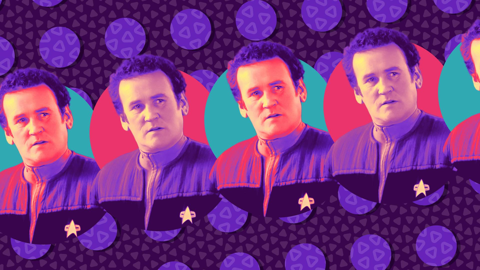 Stylized and repeating portrait of Miles O'Brien