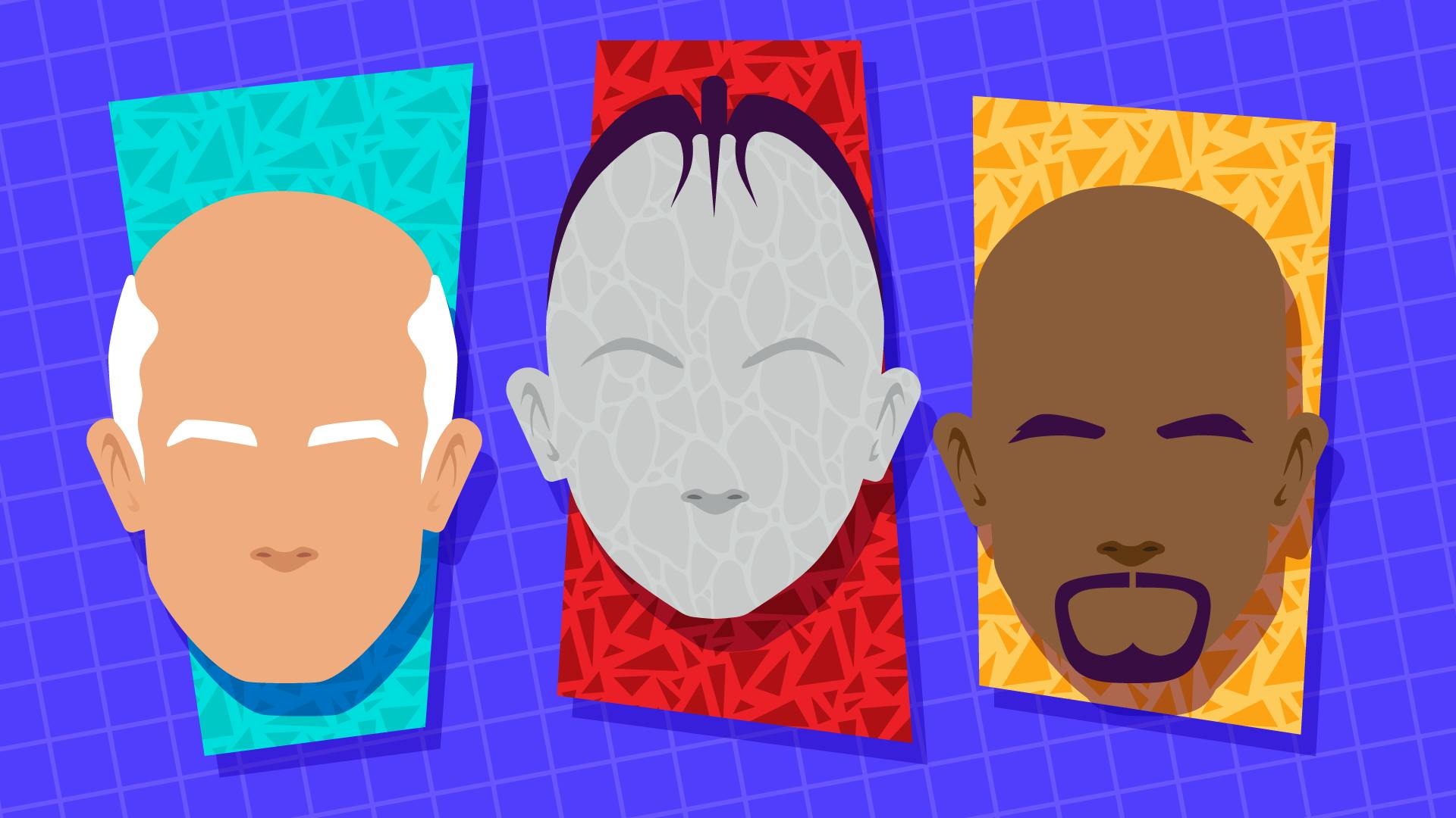 Illustration of Jean-Luc Picard, the Borg Queen, and Benjamin Sisko and their bald heads