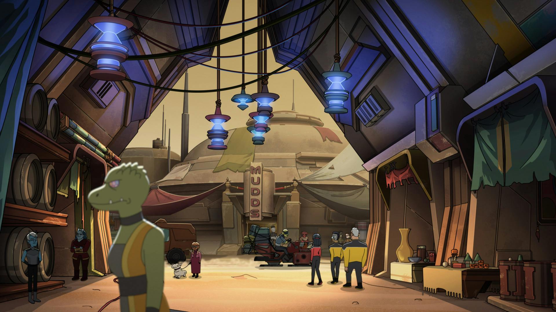 Captain Freeman, Rutherford, and Shaxs approach a bar with a sign for Mudd's Outpost