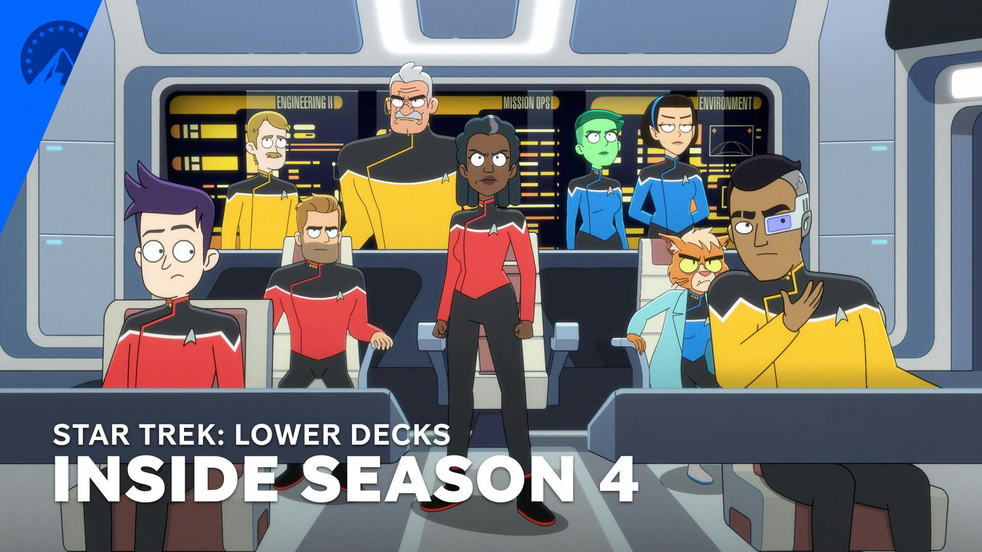 Aboard the Cerritos bridge, Boimler and Rutherford sit at the helm and tactical. Freeman stands in front of the captain's chair as Ransom and Dr. T'Ana flank her on each side, while Tendi and T'Lyn stand in the back along with Billups and Shaxs