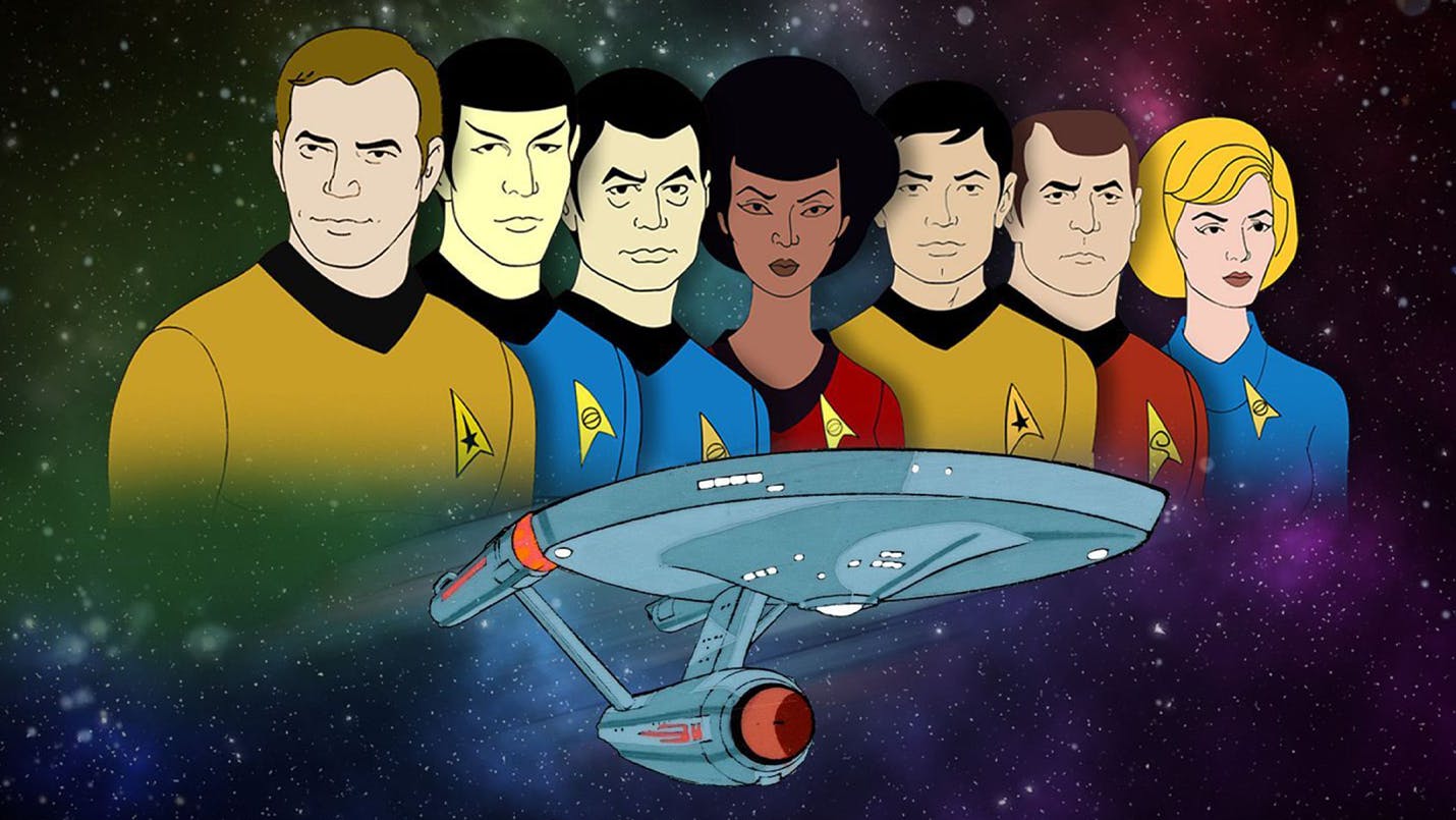 The Animated Series Enterprise crew with Captain James T. Kirk, Spock, Leonard "Bones" McCoy, Nyota Uhura, Hikara Sulu, Montgomery "Scotty" Scott, Christine Chapel.