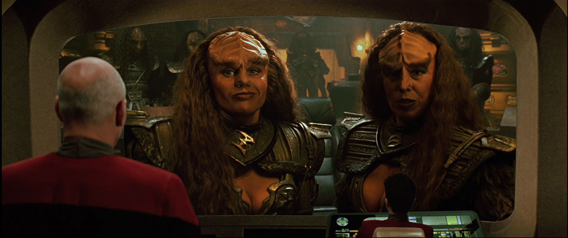 Picard communicates with Lursa and B'Etor Duras sisters on the viewscreen in 'Star Trek Generations'