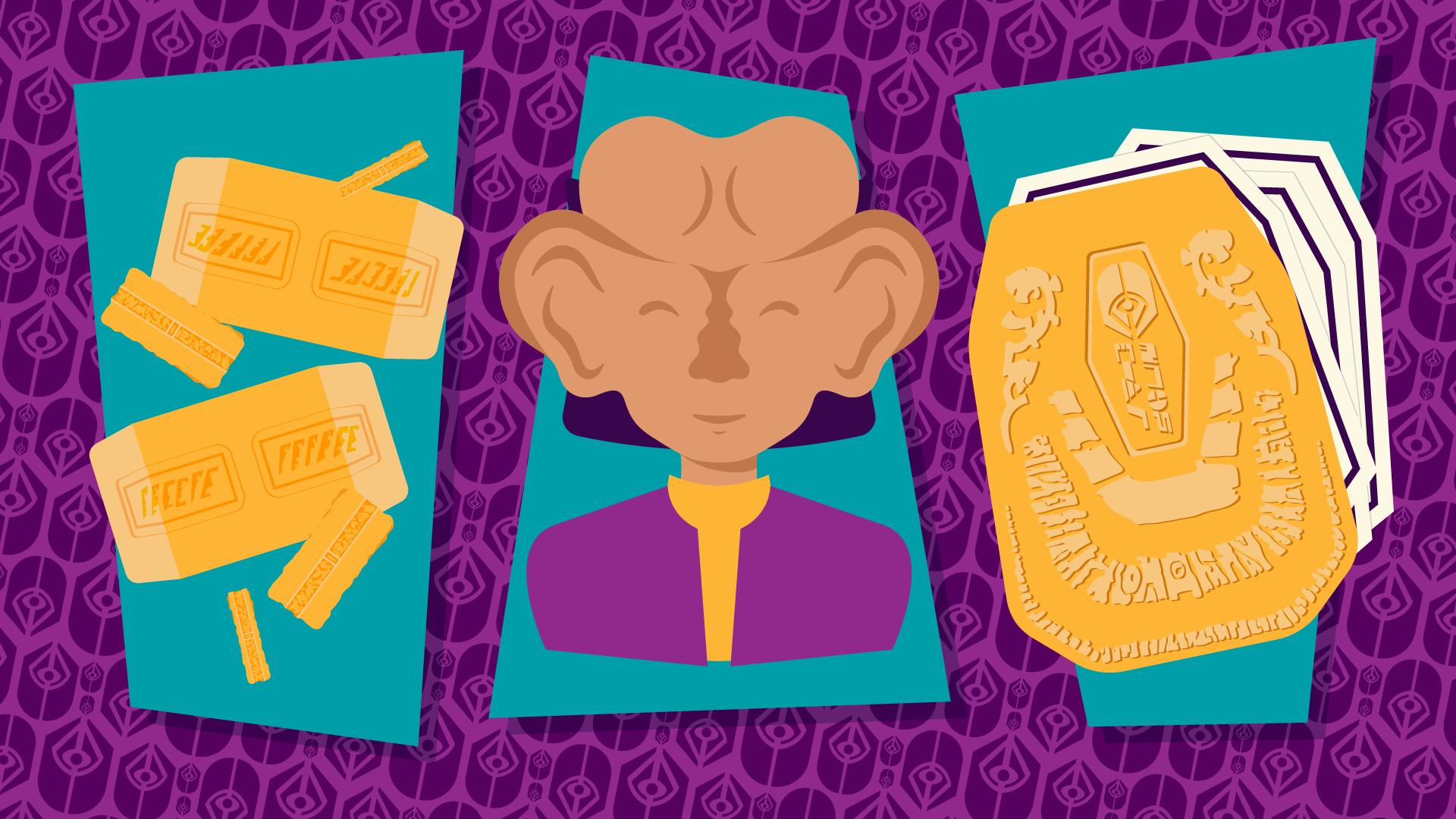 Illustration of bars of Latinum, a Ferengi, and the Rules of Acquisition