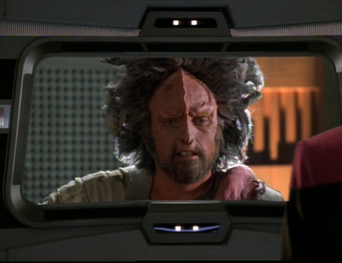 The Kazon Jabin contacts Voyager and appears on their viewscreen, telling them that they have made an enemy this day in 'Caretaker'