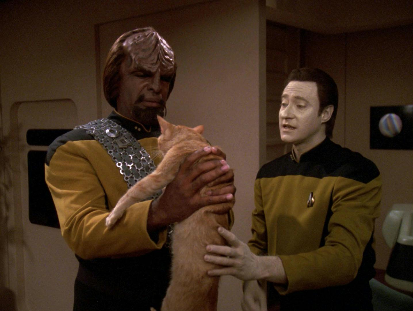 Worf holds Spot in 'Phantasms'