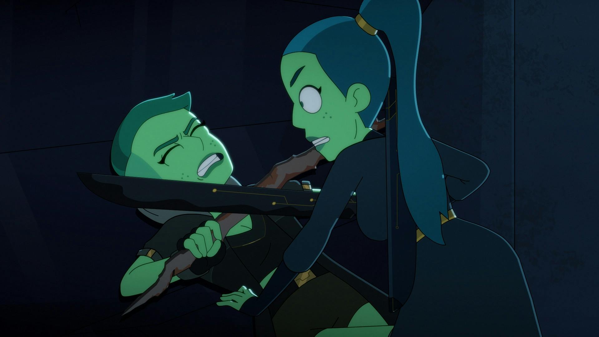 Tendi and D'Erika hash out their sisterly frustration in a sword-stick fight in 'Something Borrowed, Something Green'