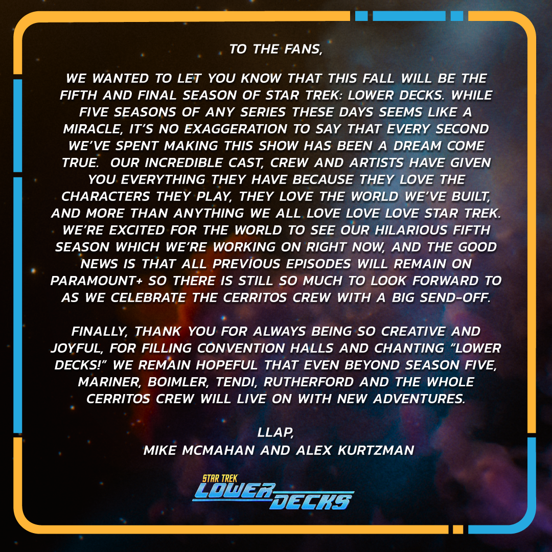 Statement by Lower Decks creator Mike McMahan and executive producer Alex Kurtzman