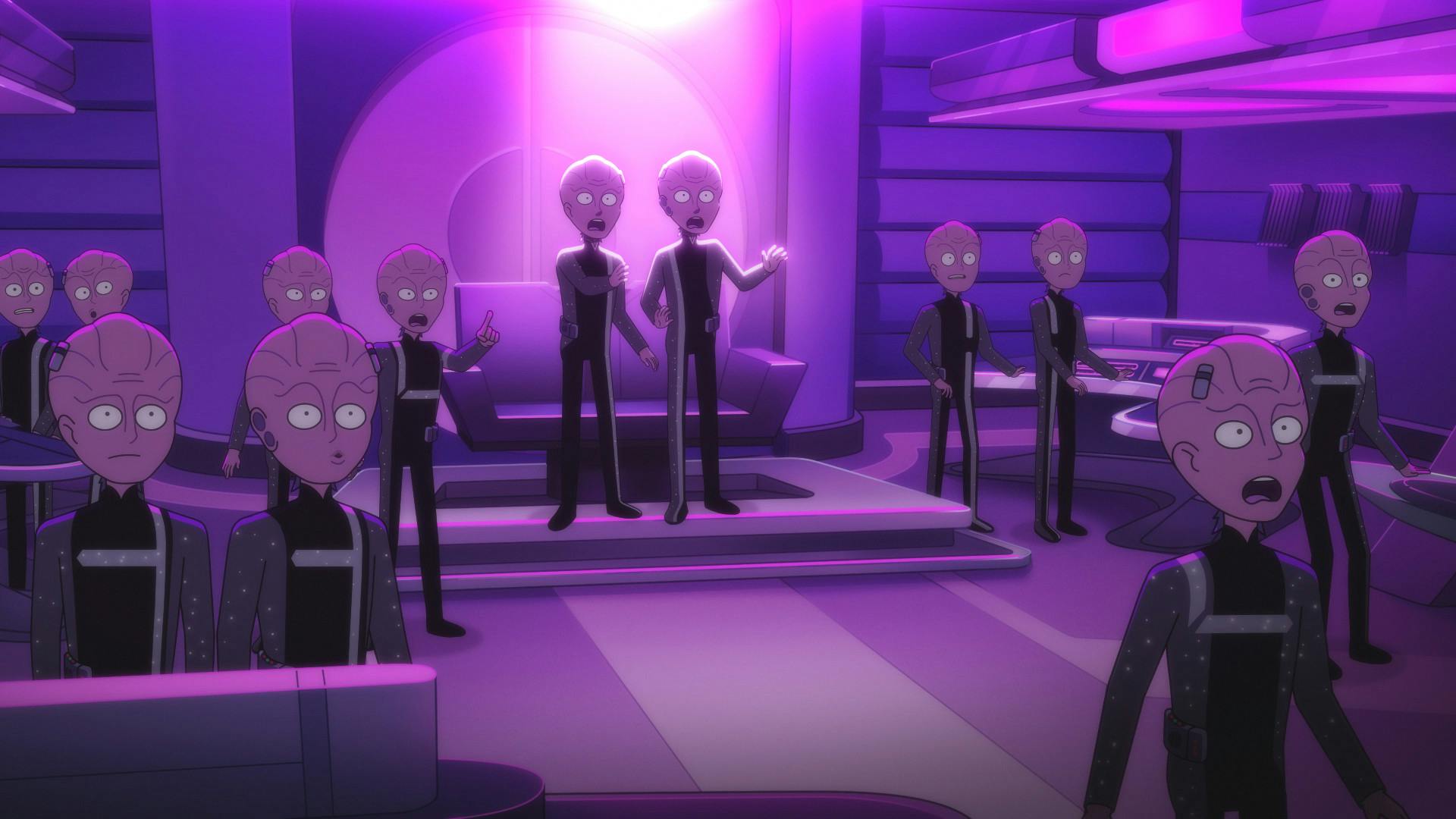 Aboard a Bynar ship, all of the officers stand in horror and shock and what's before them 'A Few Badgeys More'