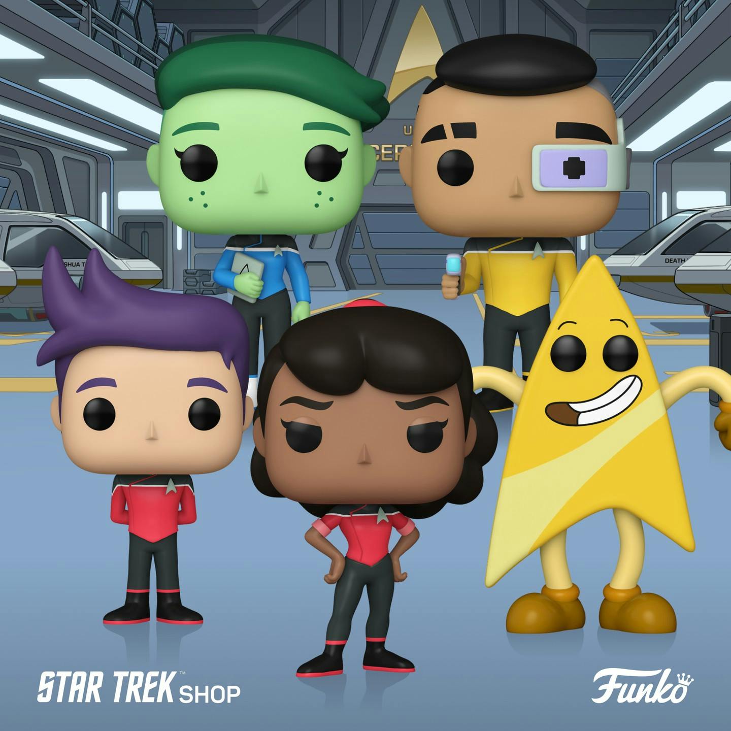 Star Trek: Lower Decks Funko Pops featuring Tendi, Rutherford, Boimler, Mariner, and Badgey