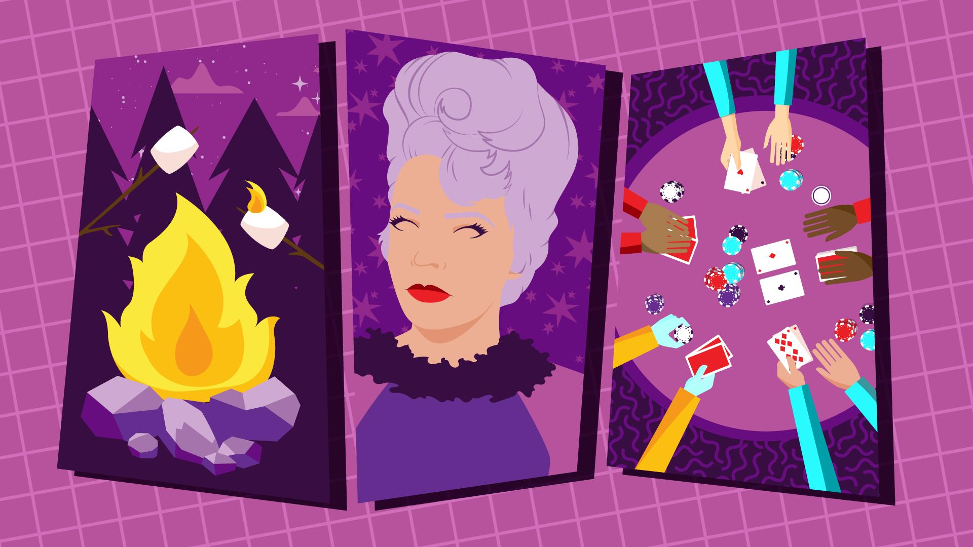 Illustration of marshmallows roasting over a campfire; Amanda Grayson; and hands, playing cards, and poker chips around a table