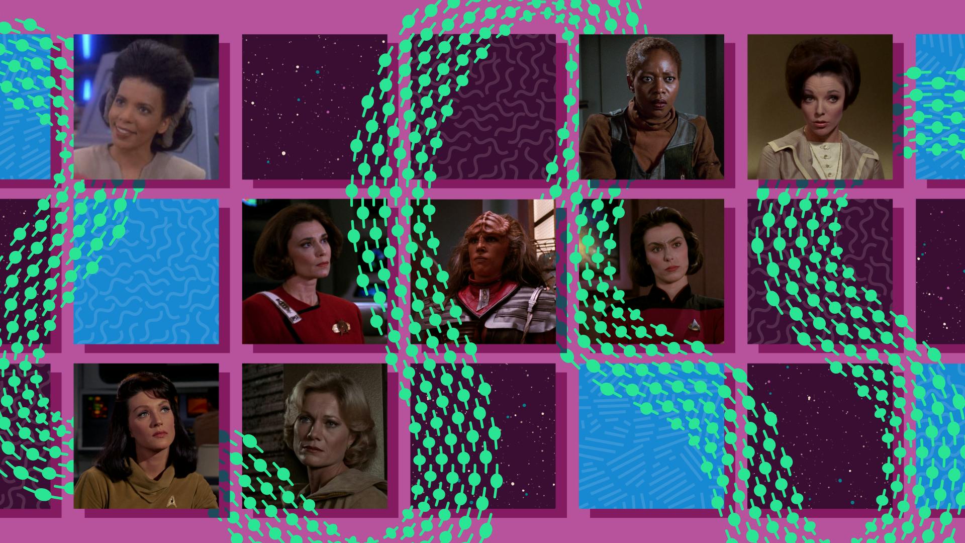 Illustrated collage featuring Star Trek's Number One, Kasidy Yates, Carol Marcus, Ro Laren, Lursa, Edith Keeler, Rachel Garrett, and Lily Sloane