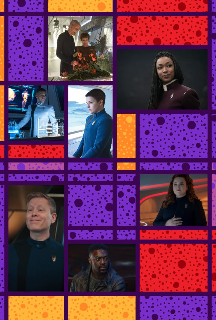 Collage of Star Trek: Discovery characters - Burnham, Saru, T'Rina, Culber, Adira, Tilly, Stamets, and Book