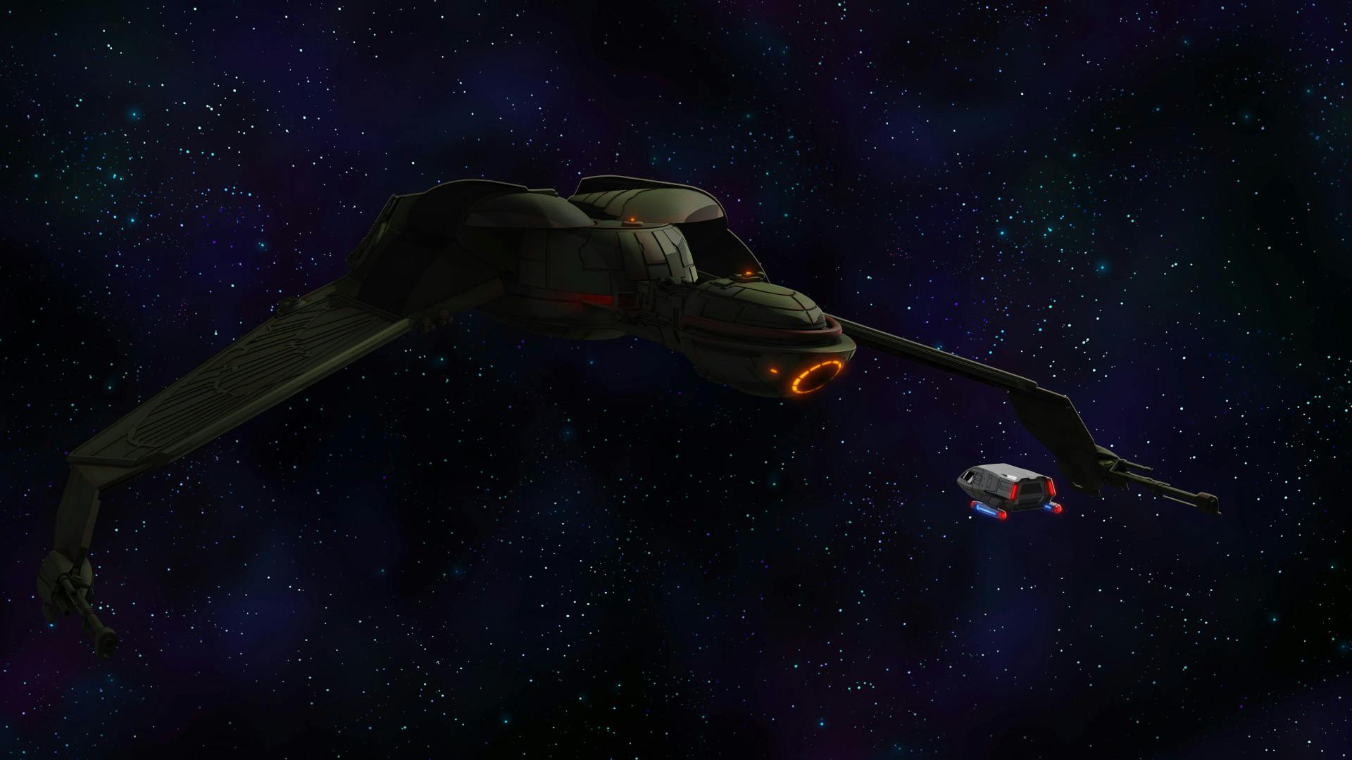 A Klingon Bird of Prey uncloaks in front of the Cerritos shuttle containing Mariner, Boimler, Tendi, and T'Lyn in 'The Inner Fight'
