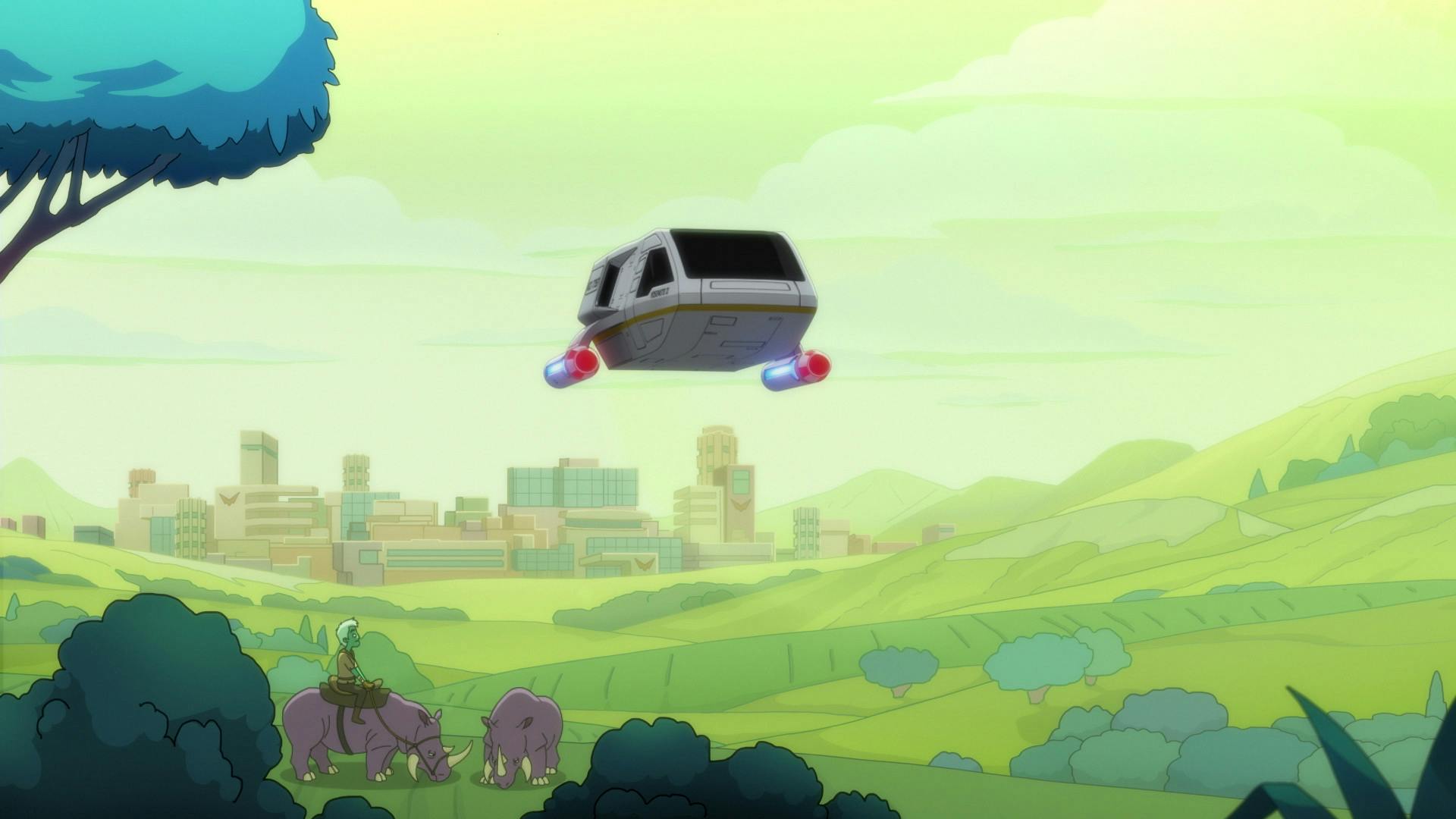 A Cerritos shuttle flies over the Orion countryside in 'Something Borrowed, Something Green'