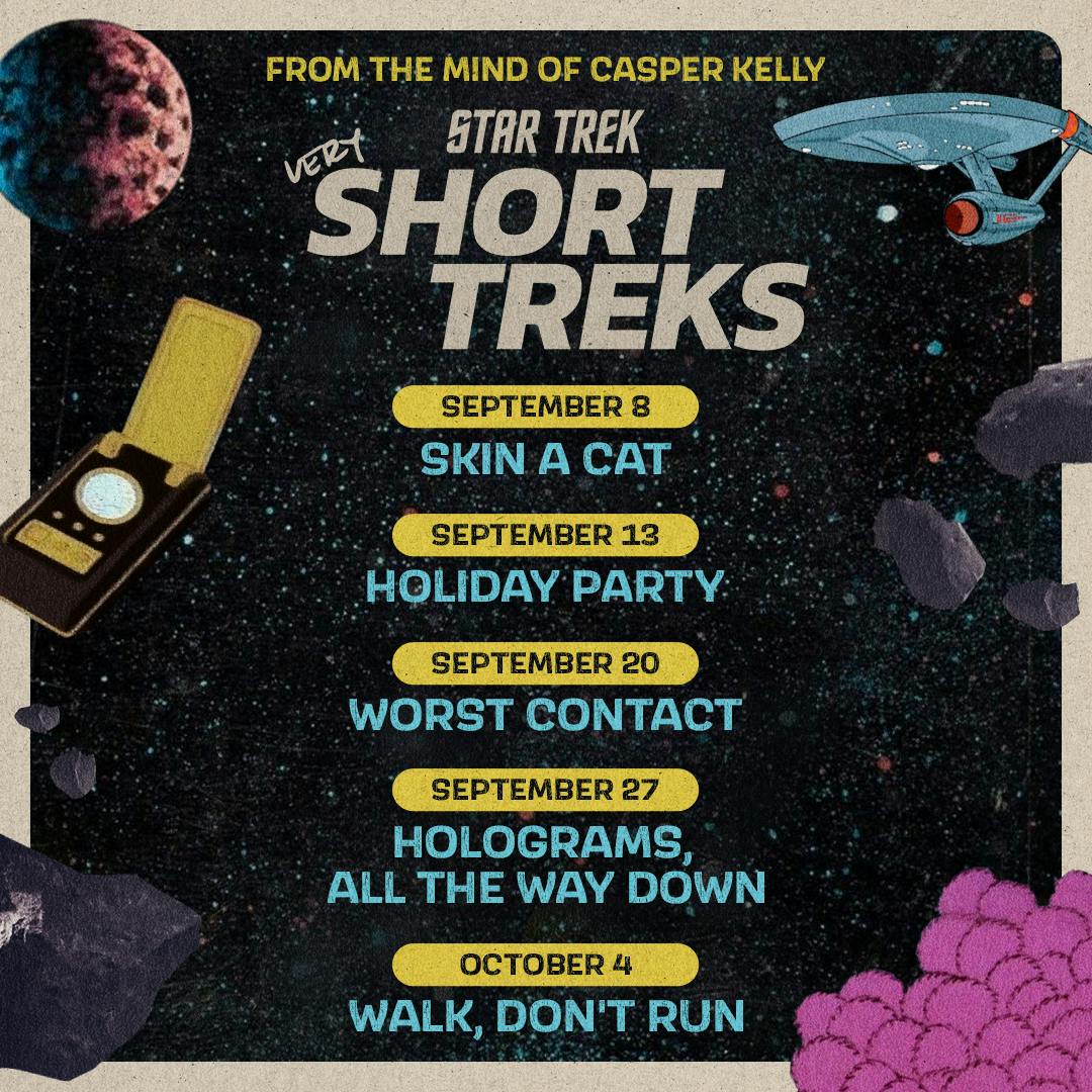 Illustrated asset detailing the debut schedule for Star Trek: very Short Treks
September 8 – 'Skin a Cat'
September 13 – 'Holiday Party'
September 20 – 'Worst Contact'
September 27 – 'Holograms, All the Way Down'
October 4 – 'Walk, Don’t Run'