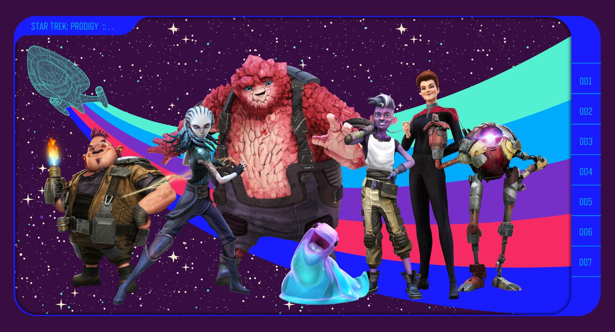 Decorative banner in the style of a trading card featuring the U.S.S. Protostar crew from Star Trek: Prodigy including Rok-Tahk, Dal, Zero, Gwyn, Jankom Pog, Murf, and Hologram Janeway