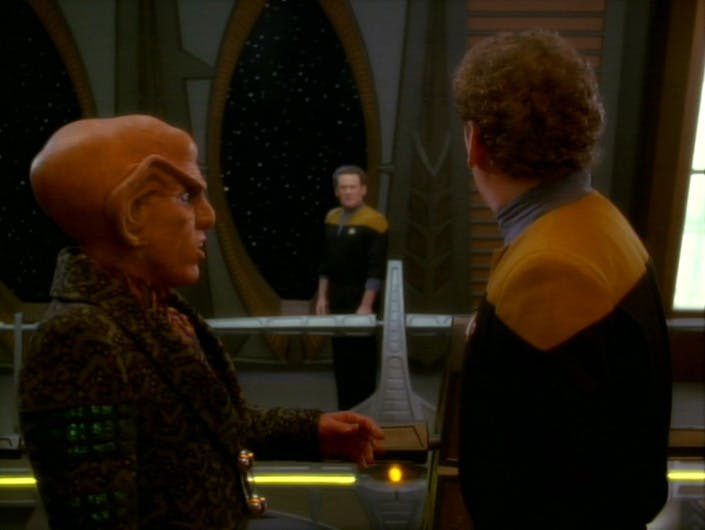 Standing on the promenade with Quark, Chief O'Brien looks across the way and sees himself staring back at him in 'Visionary'