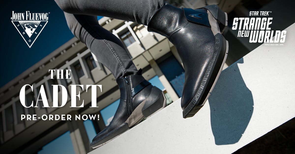 Lifestyle product shot of the Fluevog x Star Trek: Strange New Worlds Cadet boots with Pre-order Now messaging