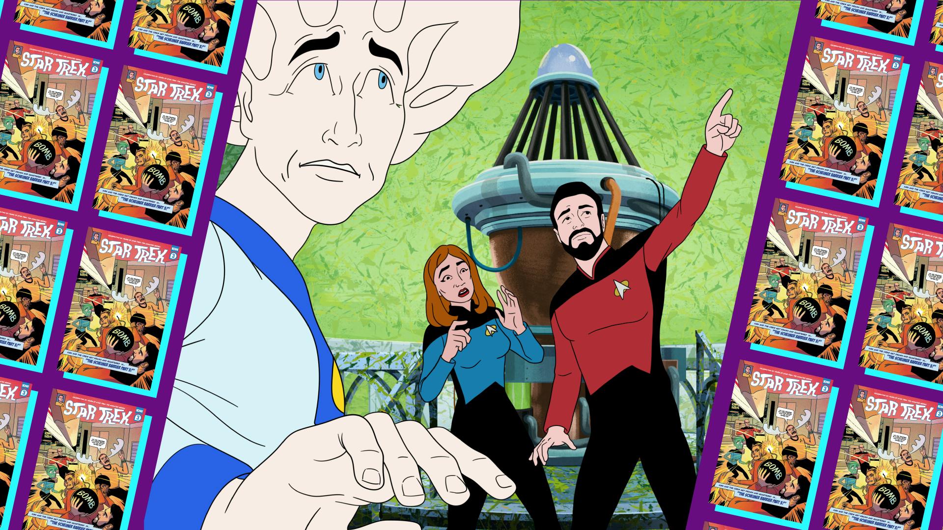 Banner image featuring Dr. Beverly Crusher and Riker pointing up at something above them while standing in front of a warp drive, as a species member looks over in concern along with the comic cover for STAR TREK: THE ANIMATED CELEBRATION PRESENTS THE SCHEIMER BARRIER - Chapter 3