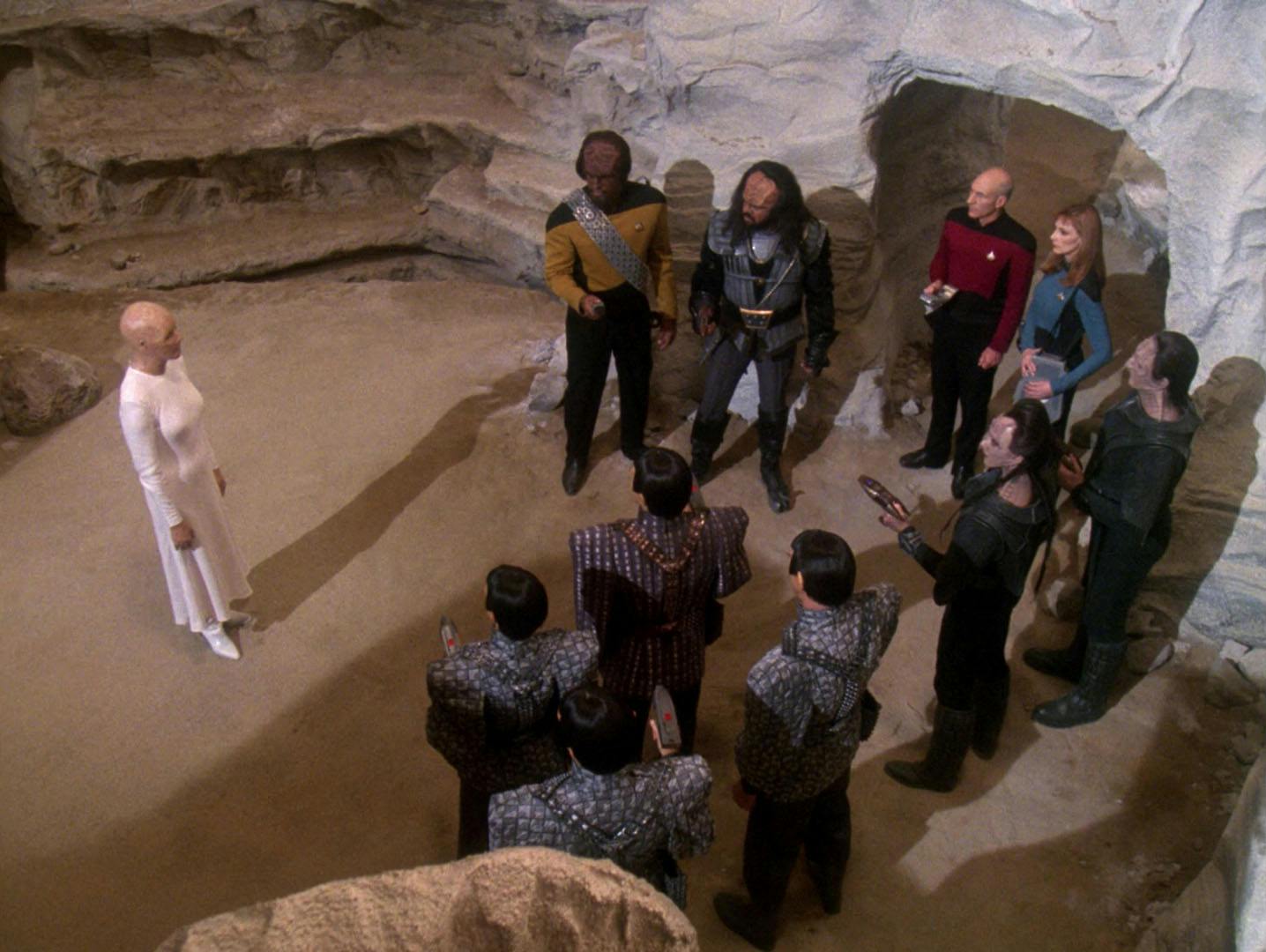 On the surface of Vilmor II, a Progenitor disrupts an argument between the Enterprise away team, the Cardassians, Klingon, and Romulans in 'The Chase'