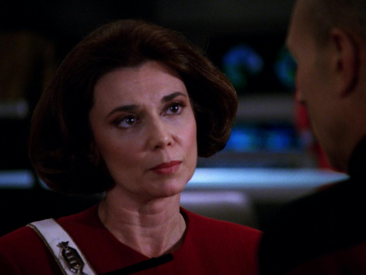 Captain Rachel Garrett looks up while on the bridge of the Enterprise-C in 'Yesterday's Enterprise'
