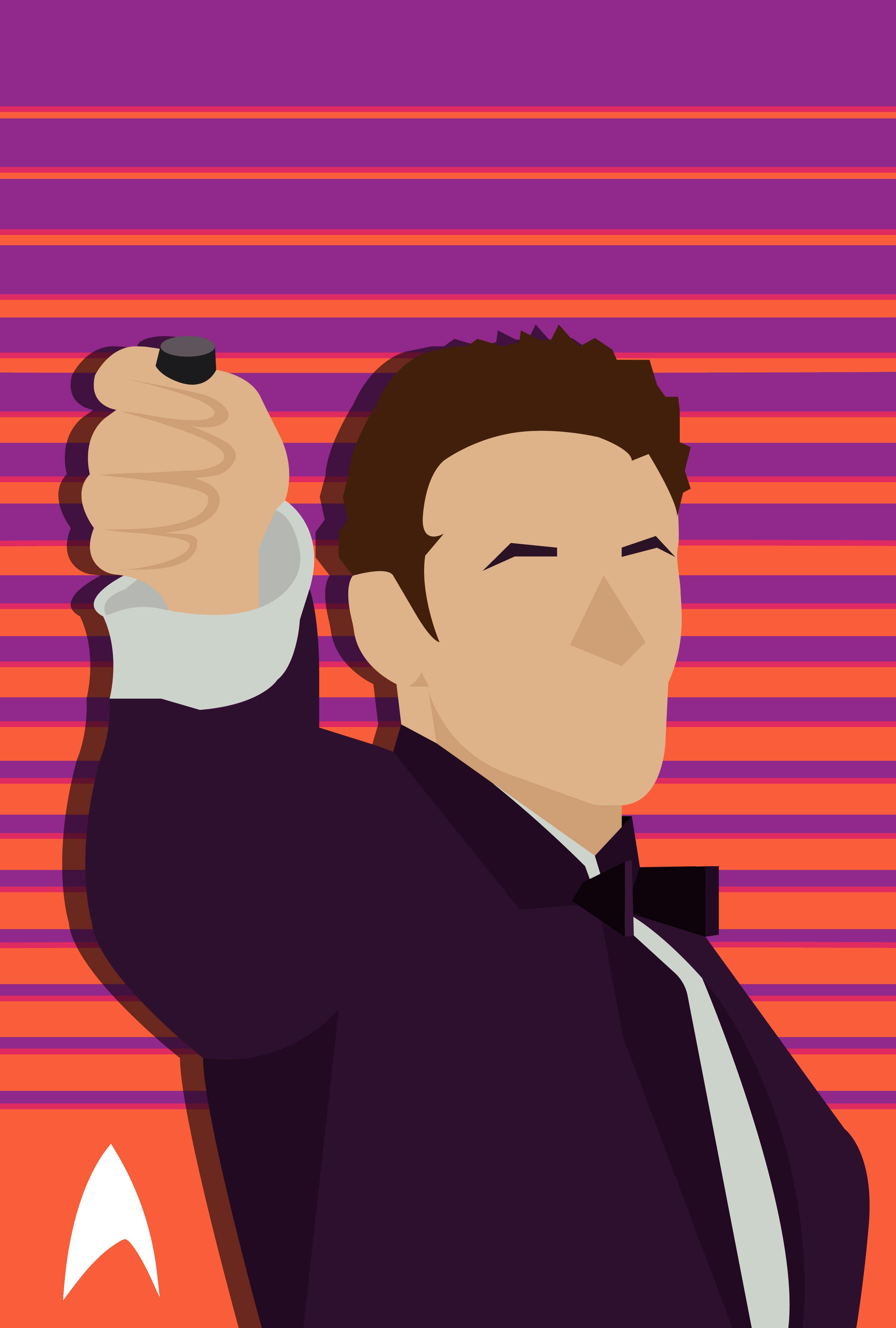 Illustration of a suited Julian Bashir raising his right arm and pointing his phaser
