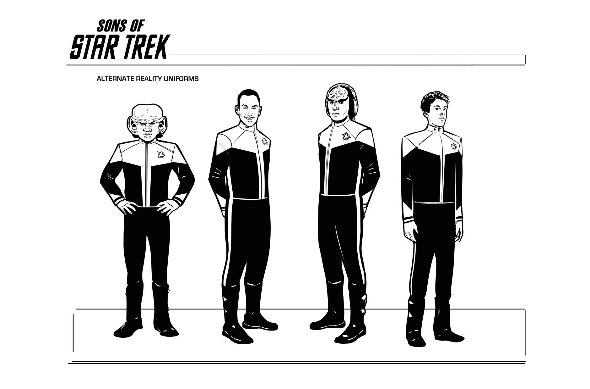 Star Trek: Sons of Star Trek character designs of alternate reality uniforms for Jake Sisko, Nog, Alexander Rozhenko, and Q Junior