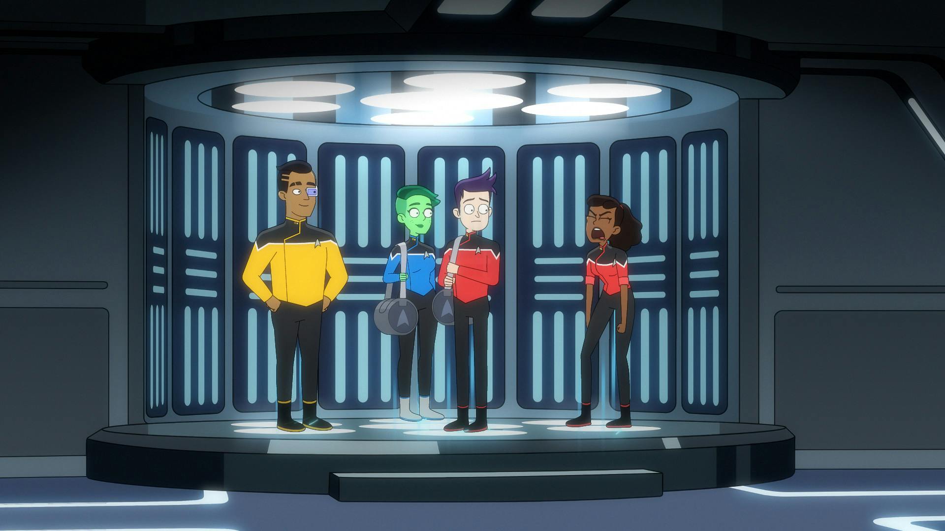 The former Beta shift are reunited on the transporter pad with Mariner disappointed and screaming she hates cave missions in 'Caves'