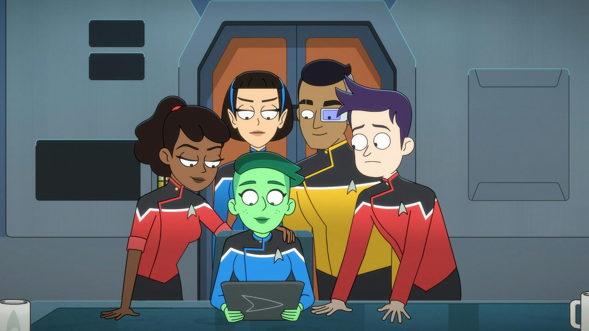 In the Cerritos repair bay, Tendi scrolls through photos on her PADD as Mariner, T'Lyn, Rutherford, and Boimler crowd around her to look as well in 'Something Borrowed, Something Green'