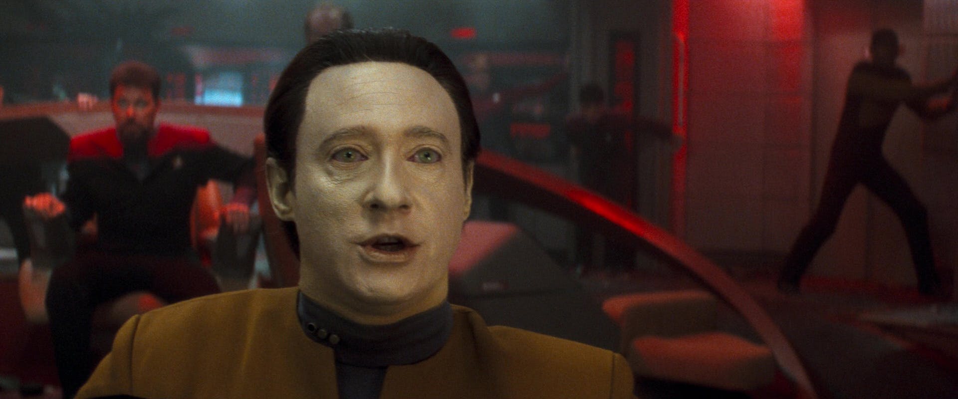 While Riker sits in the command chair and the Enterprise crew braces for its crash landing on Veridian III, Data (with an emotion chip) reacts to the scene as it unfolds in Star Trek Generations