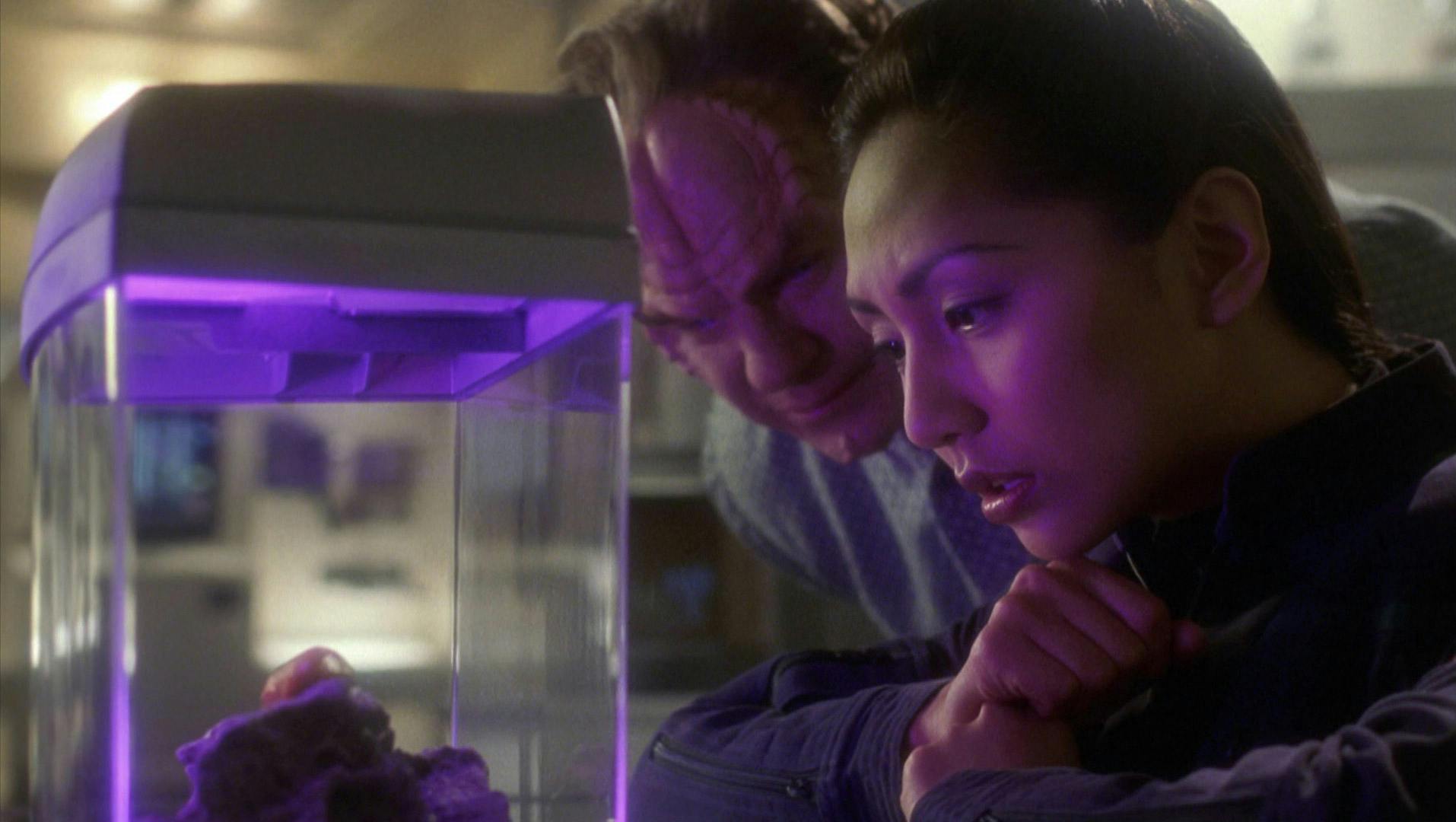 Hoshi Sato worriedly looks over her sick pet, Sluggo, as Phlox looks over at them in Sickbay in 'Fight or Flight'