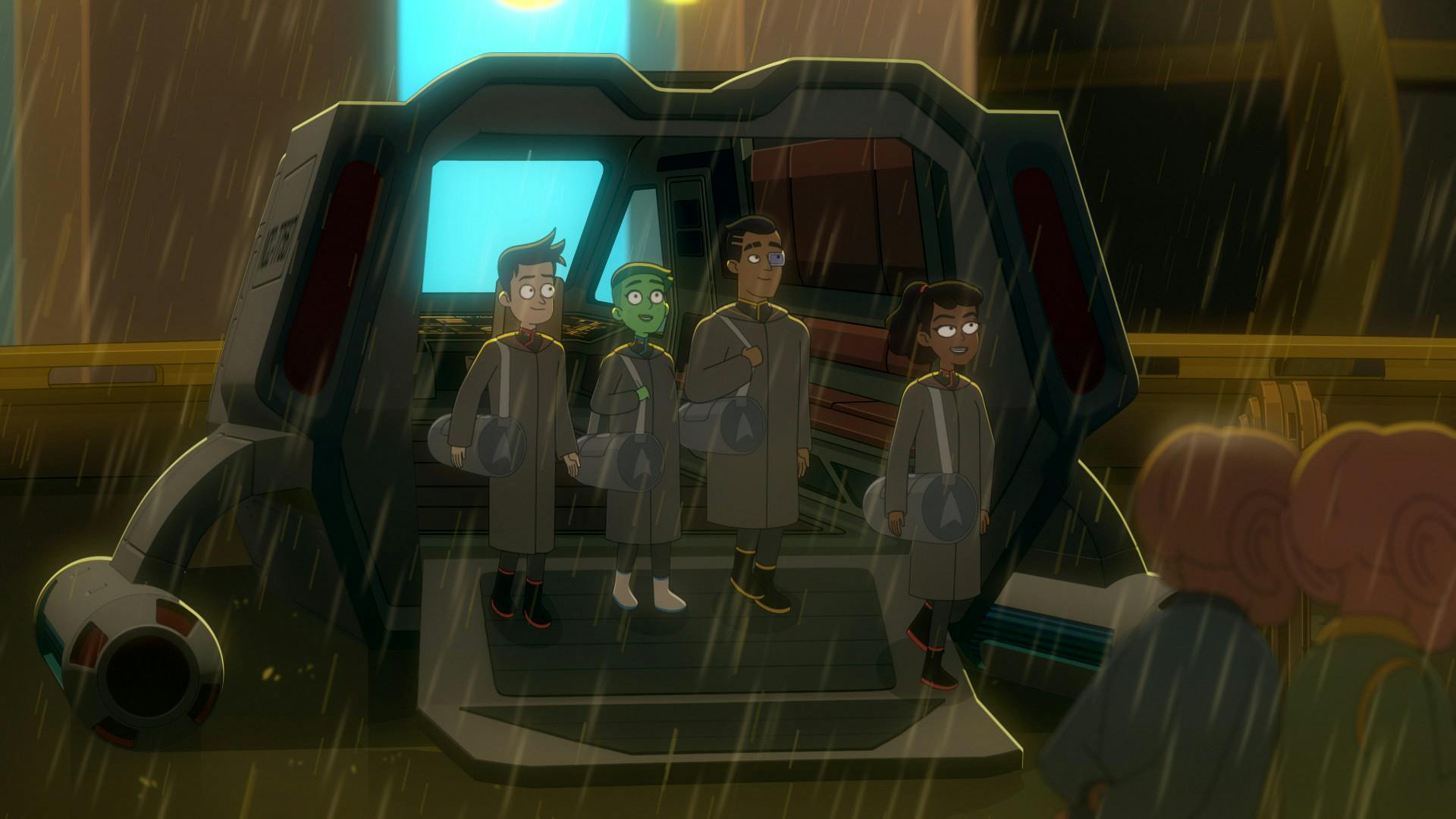 On a rainy day, Boimler, Tendi, Rutherford, and Mariner disembark their shuttle on the Ferengi homeworld Ferenginar in 'Parth Ferengi's Heart Place'